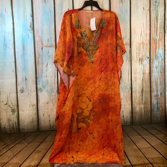 🚫SOLD🚫Soft Surroundings Orange Sheer Beaded Caftan or Swim Cover PL/PXL - Picture 2 of 9